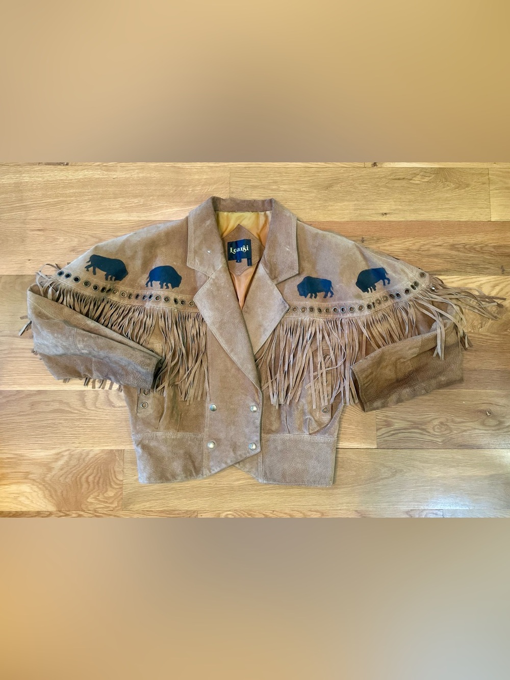Vintage Western Learsi Tan Suede Fringe Jacket w/Buffalo Print Large